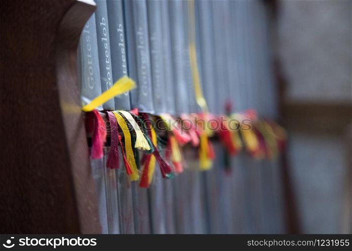 Close up of song books in a catholic church, Austria