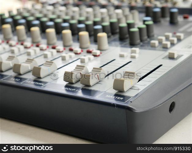 Close-up of sound audio mixing console.