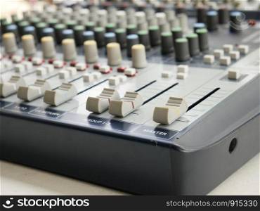 Close-up of sound audio mixing console.