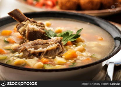 CLose-up of Soup with beef, chickpea and vegetables