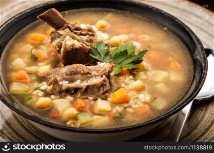 CLose-up of Soup with beef, chickpea and vegetables