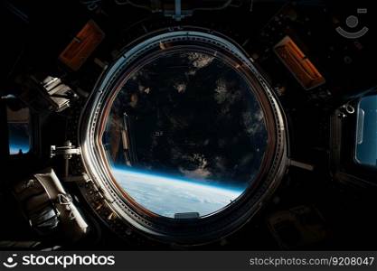 close-up of space station window, with view of the stars and pla≠ts visib≤, created with≥≠rative ai. close-up of space station window, with view of the stars and pla≠ts visib≤