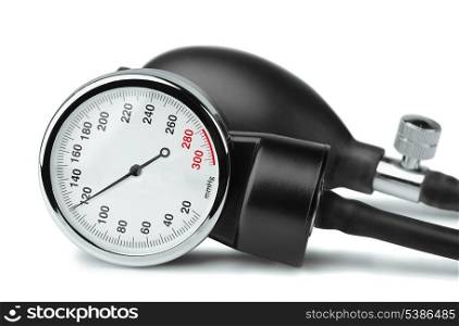 Close up of sphygmomanometer dial on white background