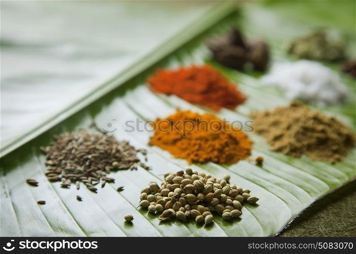 Close-up of Spices on a banana leaf