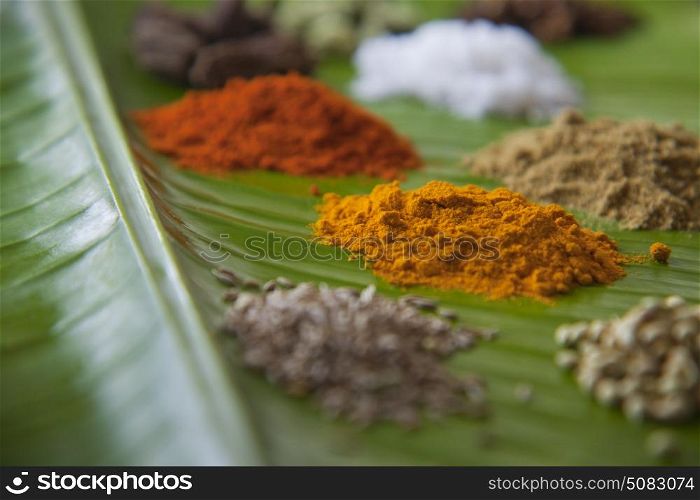 Close-up of Spices on a banana leaf