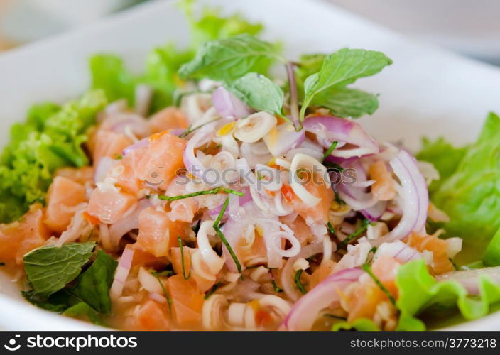 close up of spicy salmon salad with mixed vegetable