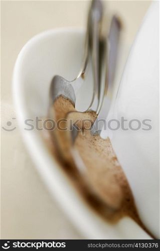 Close-up of spoons on a saucer