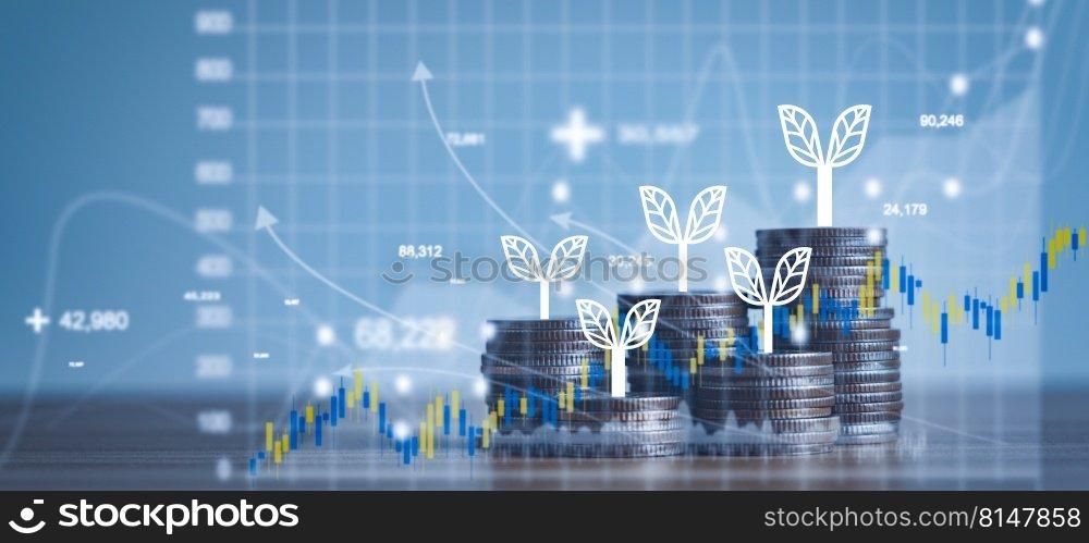 Close up of stacking of growth up coins with Double exposure of chart graph financial with night bokeh background for finance and business ,capital banking and investment,coin stock market concept.