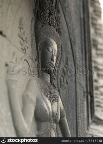 Close-up of statue carved in temple, Krong Siem Reap, Siem Reap, Cambodia
