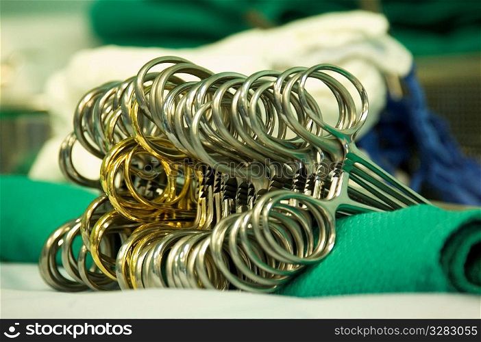 close-up of surgical scissor clamps.
