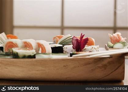 Close-up of sushi in a platter