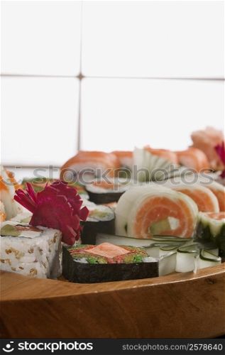 Close-up of sushi in a platter