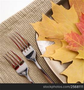 Close-up of table setting with plate of multicolor leaves as meal.