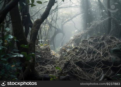 close-up of tangle of vines in smoky jungle, created with generative ai. close-up of tangle of vines in smoky jungle