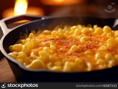 Close up of tasty mac and cheese meal in pan.AI Generative