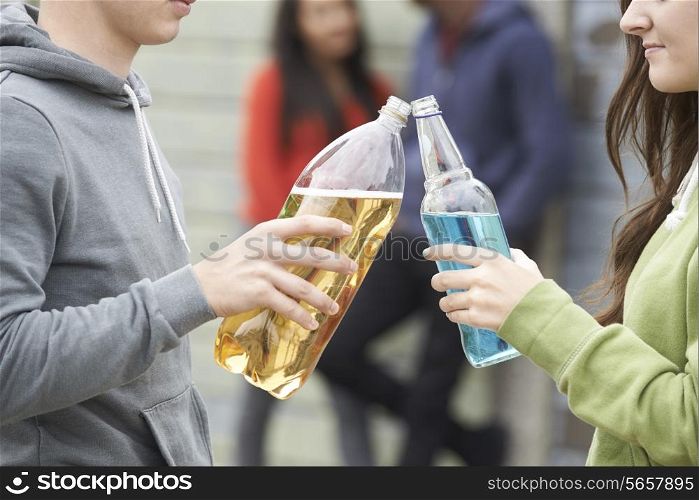 Close Up Of Teenage Group Drinking Alcohol Together
