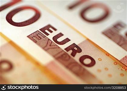 Close-up of ten Euro banknotes