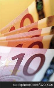 Close-up of ten Euro banknotes