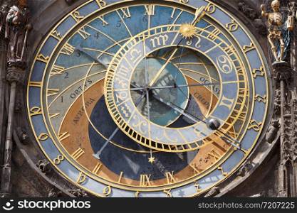 Close-up of the astronomical clock on a wall of the ancient town hall in Prague