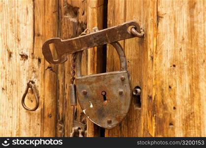 Close-up of the broken lock on a door