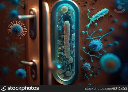 close-up of the door handle, with bacteria and other microorganisms visible, created with generative ai. close-up of the door handle, with bacteria and other microorganisms visible