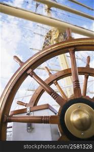 Close-up of the helm of a sailing ship