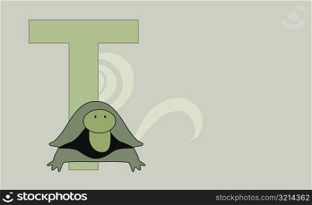 Close-up of the letter T with a tortoise