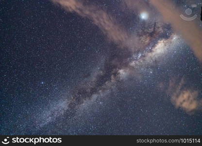 Close up of the milky way with bright stars on blue sky at night. Natural universe space landscape background. It is the galaxy that contains our Solar System