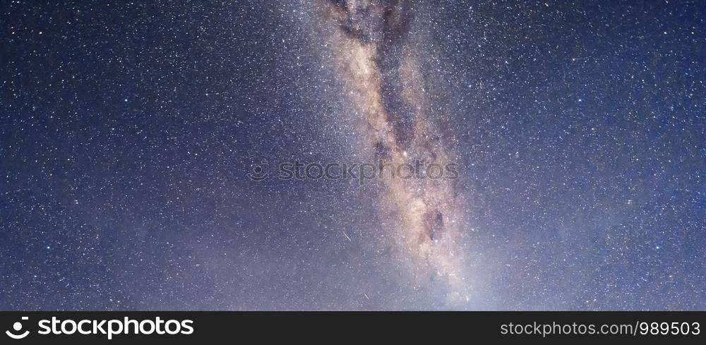 Close up of the milky way with bright stars on blue sky at night. Natural universe space landscape background. It is the galaxy that contains our Solar System