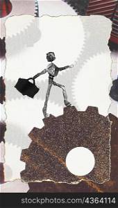 Close-up of the newspaper figurine of a person walking on a gear
