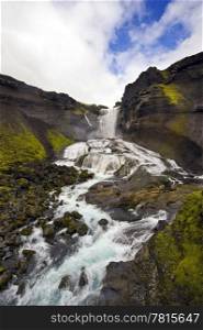 Close up of the Ofaerufoss waterfal in the Eldgja volcanic canyon of Iceland&rsquo;s Landmannalaugar national park