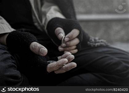 Close-up of the poor or homeless Homeless people ask for money in public. The poor beggar in the city sat on the stairs with a silver mug.