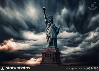 Close up of the statue of liberty with epic cloudy sky at evening. Neural network AI generated art. Close up of the statue of liberty with epic cloudy sky at evening. Neural network generated art