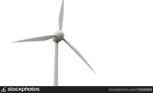 Close up of the wind turbine rotation isolated on white.