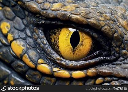 Close up of the yellow eye of a scaly reptile. Generative AI