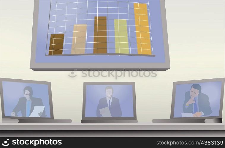 Close-up of three businessmen on laptop screens