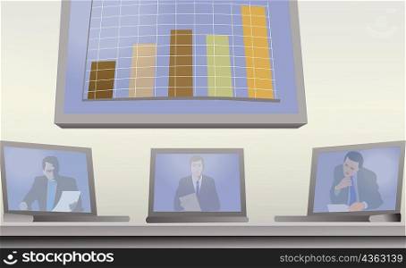 Close-up of three businessmen on laptop screens