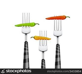 close up of Three chilies pierced by forks, isolated on white background