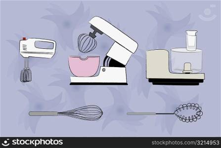 Close-up of three electric juicers and two wire whisks