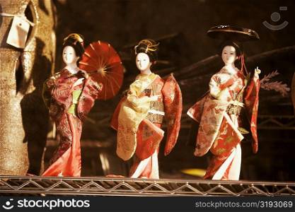 Close-up of three mannequins wearing kimonos
