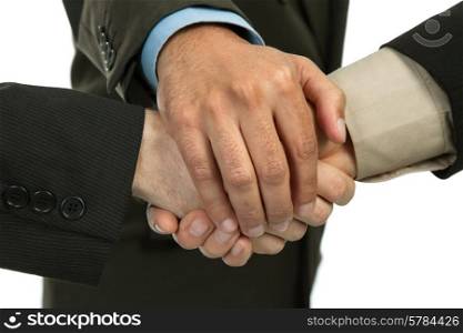 close up of three men hands together in a deal, studio picture