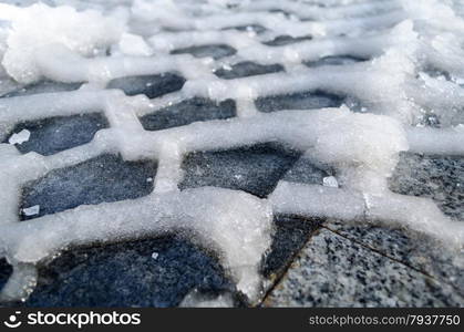 Close up of tire track in snow and ice ground