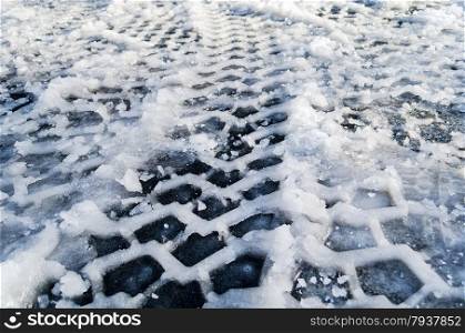 Close up of tire track in snow and ice ground
