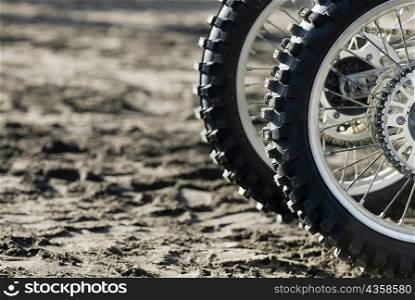 Close-up of tires of motorcycles