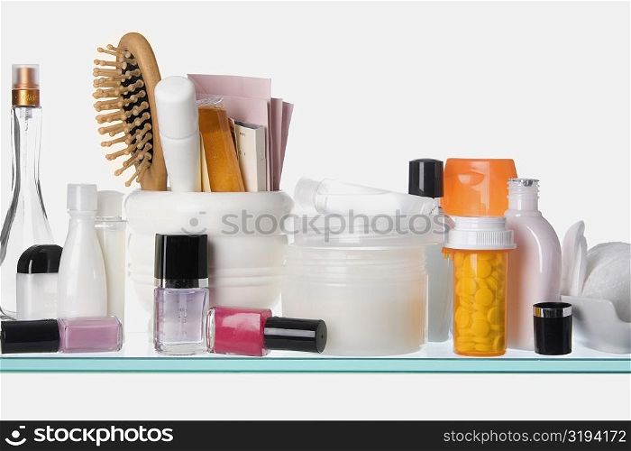 Close-up of toiletries on a shelf