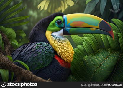close-up of tucan bird’s beak, surrounded by lush greens, created with generative ai. close-up of tucan bird’s beak, surrounded by lush greens