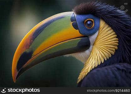 close-up of tucan&rsquo;s beak, with its sharp and colorful feathers in the background, created with generative ai. close-up of tucan&rsquo;s beak, with its sharp and colorful feathers in the background