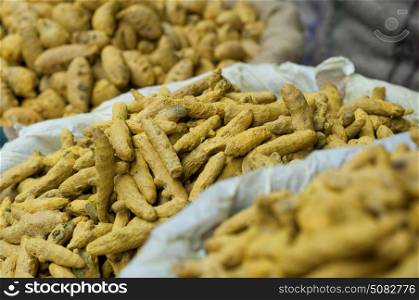 Close-up of turmeric root for sale at the market