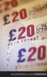 Close-up of twenty pound notes