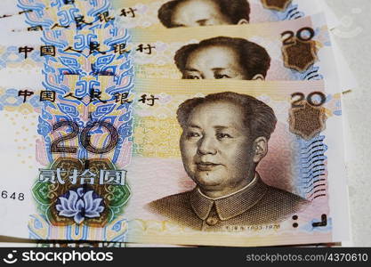 Close-up of twenty Yuan notes